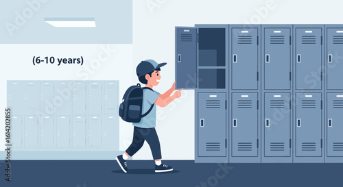 Young Student Opens His School Locker With Backpack In A Corridor