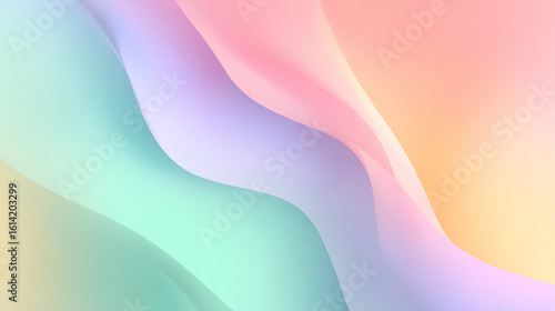 A soft blend of pastel rainbow colors flows in gentle waves, creating an ethereal background