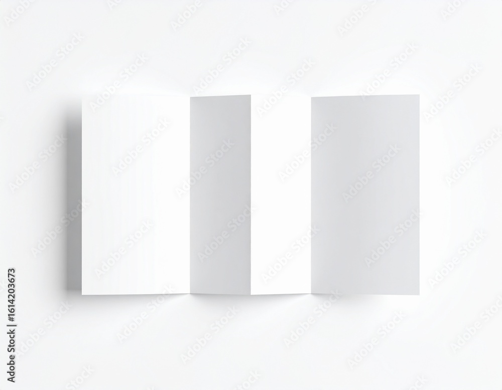 Flat lay de folleto tríptico blanco plegado en forma de Z, sobre fondo blanco neutro Flat lay de folleto tríptico blanco plegado en forma de Z, sobre fondo blanco neutro