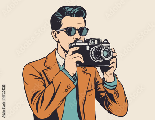 Retro Photographer – Man Taking a Photo with a Vintage Camera