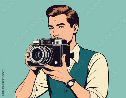 Retro Photographer – Man Taking a Photo with a Vintage Camera