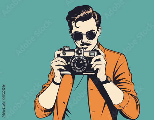 Retro Photographer – Man Taking a Photo with a Vintage Camera