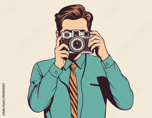 Retro Photographer – Man Taking a Photo with a Vintage Camera