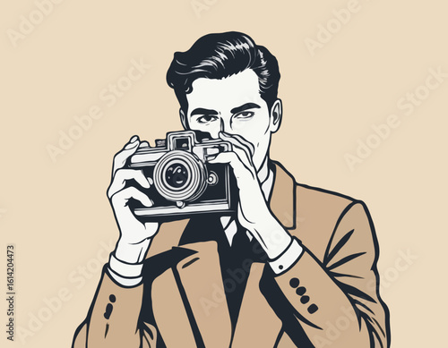 Retro Photographer – Man Taking a Photo with a Vintage Camera