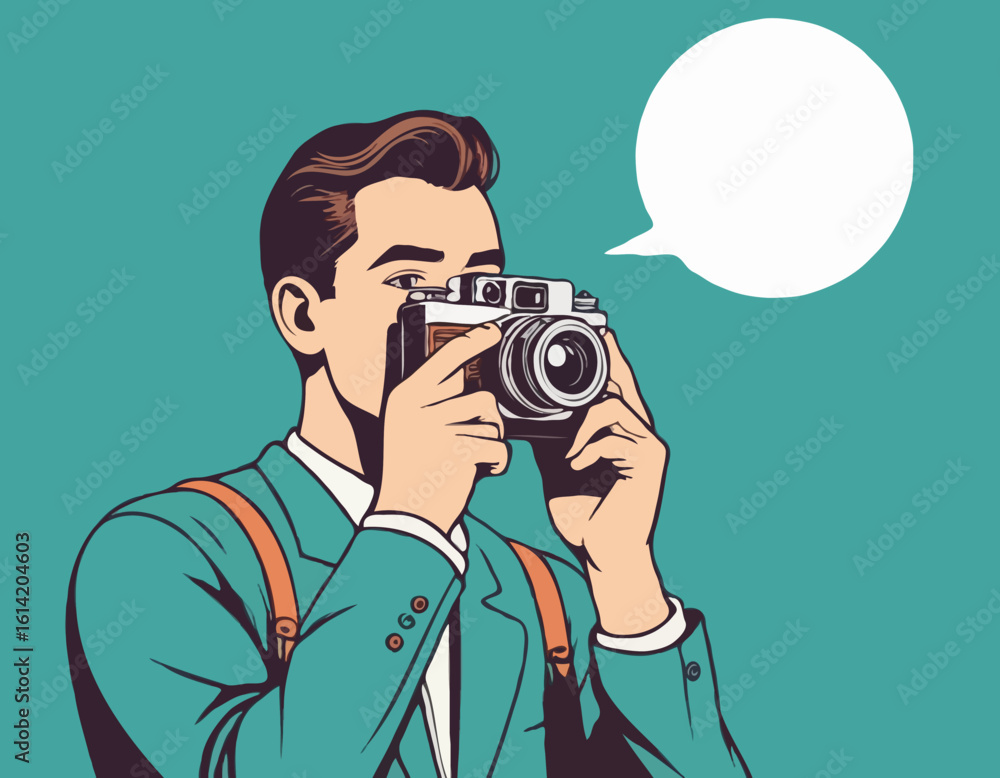 Obraz premium Retro Photographer – Man Taking a Photo with a Vintage Camera