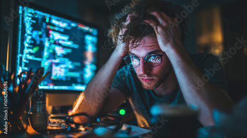 A man is sitting at a desk with two computer monitors in front of him