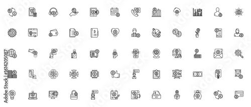 Bitcoin icon set. Crypto vector icons pack. Includes symbols for transaction, wallet, calculator, support, analytic, cloud, user, globe, lock, chat and more. Editable stroke design.