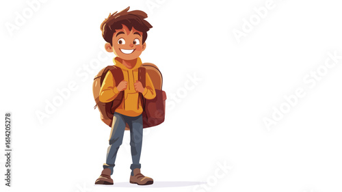 Happy schoolboy with centered backpack