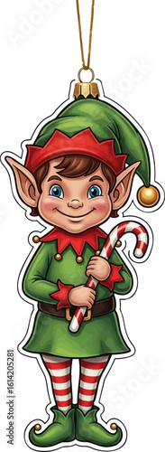 Mischievous Christmas Elf with Candy Cane Ornament