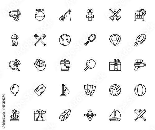 Summer Games icon set. Sport vector collection. Includes Scuba, Balloon, Fishing rod, Volleyball, Surf board, Golf ball, Swimming pool and more. Editable thin line icons.