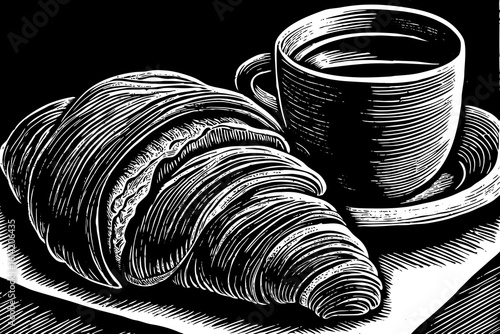 French croissant with flaky layers, butter details, coffee pairing styled as a black and white line art illustration for patisserie design, bakery prints, and breakfast-themed visuals