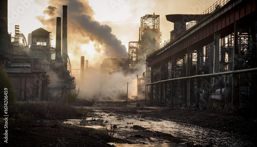 a gritty dystopian scene depicting an abandoned industrial complex shrouded in thick smoke and soot highlighting the environmental impact of unchecked industrialization