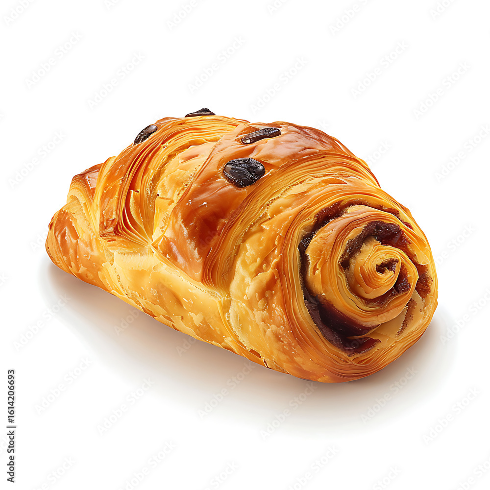 Fototapeta premium Golden, flaky pastry with a spiral design and raisins on top