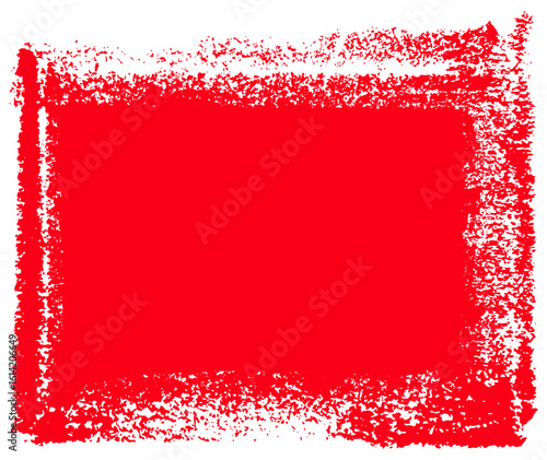 Distressed red rectangular brush frame with rough texture and splatter effect. Vector illustration for bold graphic design.