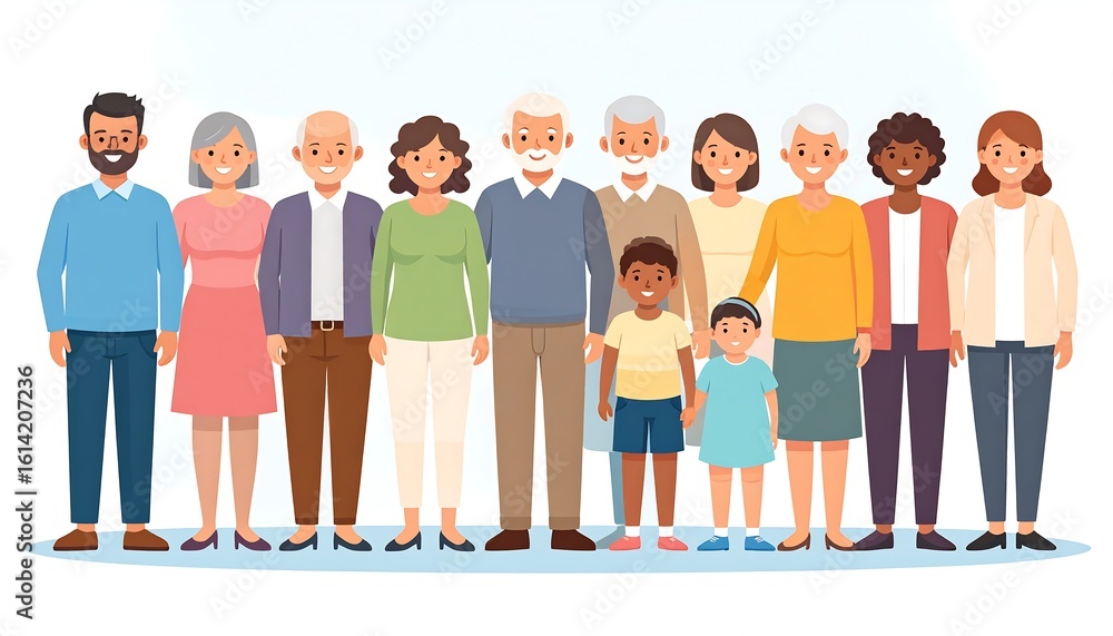 Fototapeta premium Diverse multi generational family standing together showcasing unity and different ages and ethnicities