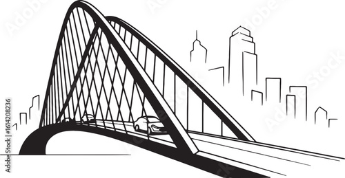 Black and white sketch of a modern suspension bridge with cars and city skyline modern architecture