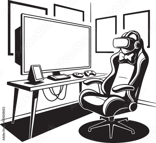 Gamer setup with virtual reality headset and gaming chair computer