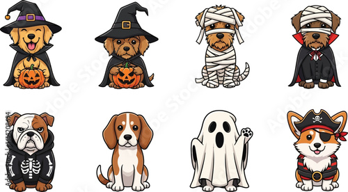 Cute cartoon dogs in Halloween costumes. Vector character set.
