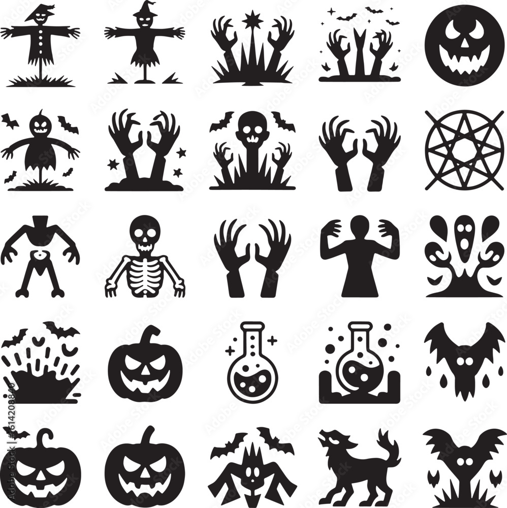 Fototapeta premium Halloween icons scary creatures pumpkins bats and spooky elements vector