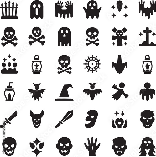 Halloween themed icons featuring ghosts skulls bats and more crossbones