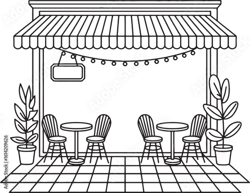 Outdoor cafe seating with awning string lights and potted plants tables chairs