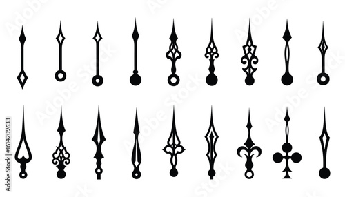 Clock Hand Set, Black and White, Pointed Shapes, Ornament Details, and Elegant Style Vector Illustration
