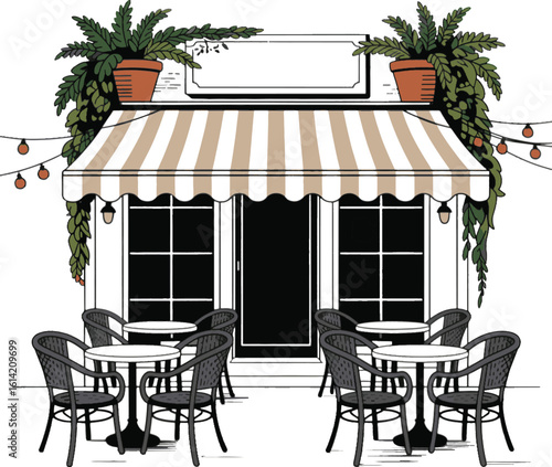 Outdoor cafe seating with plants and string lights outdoor seating tables