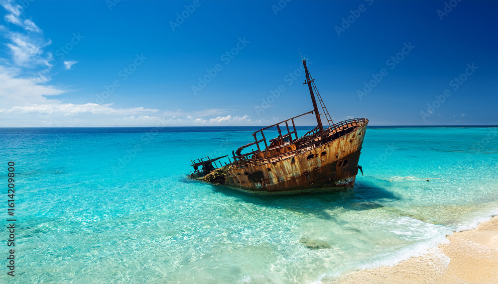 Obraz premium shipwreck partially submerged in clear turquoise water along a sandy beach during daylight