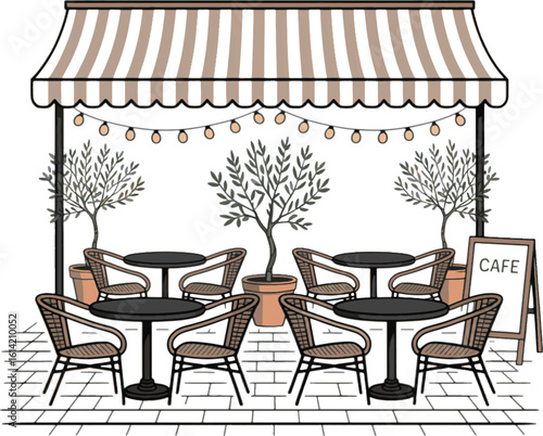 Striped awning cafe outdoor seating with potted trees and cafe sign tables chairs
