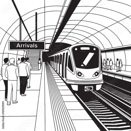 Subway station with train and waiting passengers platform