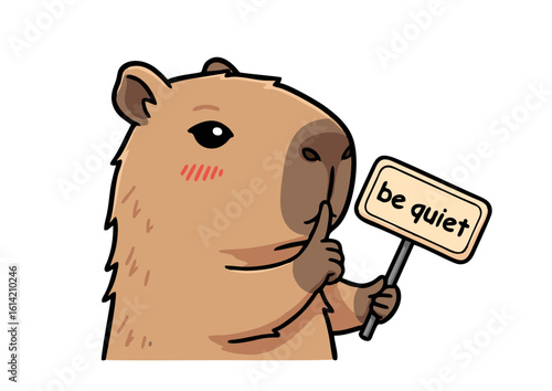 Cartoon Capybara Holding Be Quiet Sign with Finger on Lips.