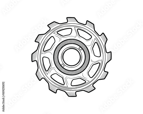 Detailed Black and White Sprocket Gear with Intricate Hatching Vector Illustration