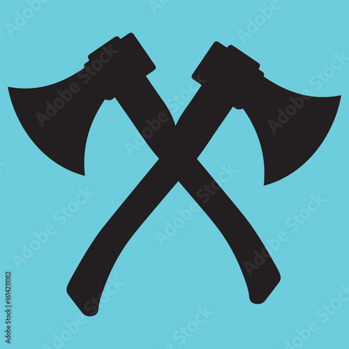 Two overlapping black axe silhouettes with wooden handles on a light teal background. Represents forestry, lumberjacking, or historical woodcraft