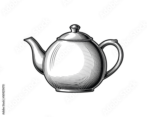 Engraved Style Tea Pot Vector Illustration. Black And White Kitchen Object, Vintage Style, Graphic Design.