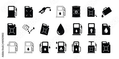 Fuel and Oil Icons Set: Gas Station, Canister, Barrel Icons, Black Silhouette, Gasoline Symbols, Vector Illustration