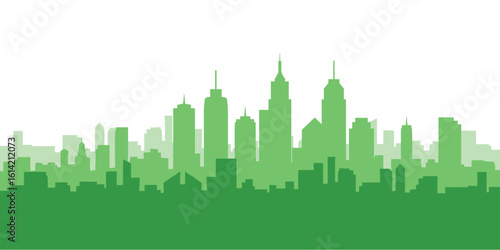 Green Cityscape Silhouette Skyline, Modern Buildings and Urban Landscape, Vector Illustration