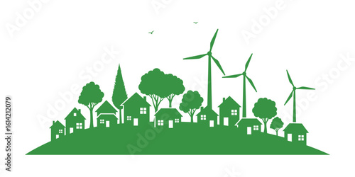 Green Eco Village Houses Trees and Windmills Silhouette on Hill Vector Illustration