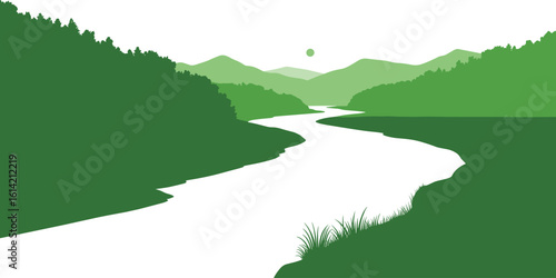Green Landscape Illustration of Winding River Valley with Hills and Trees Vector Illustration