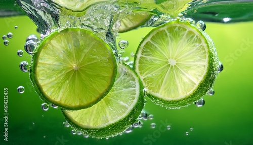 close up of fresh lime slices submerged in water with bubbles and vibrant green background