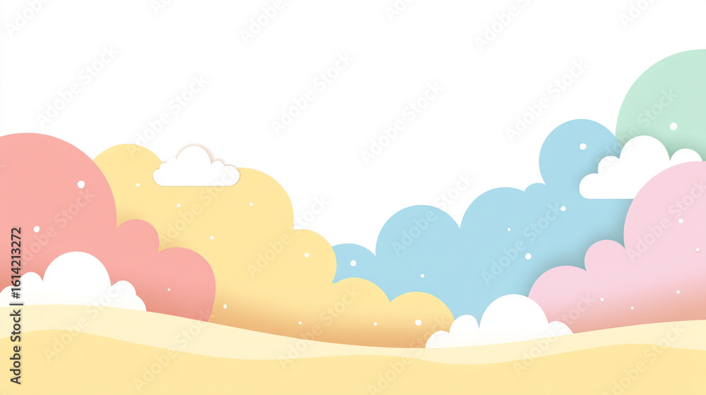 Obraz premium パステル雲と砂丘が広がる可愛い背景イラスト 