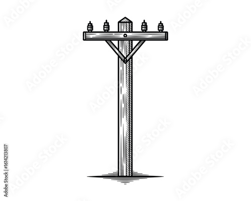 Monochrome Utility Pole with Insulators and Support Beam Woodcut Style Vector Illustration