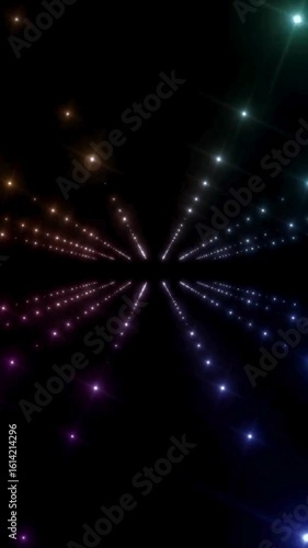 Wallpaper Mural Colorful neon light tunnel with sparkling particles and deep perspective lines converging to a bright central vanishing point creating futuristic motion background for music events and tech concepts
 Torontodigital.ca