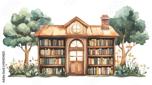 Whimsical Town Library Watercolor Illustration