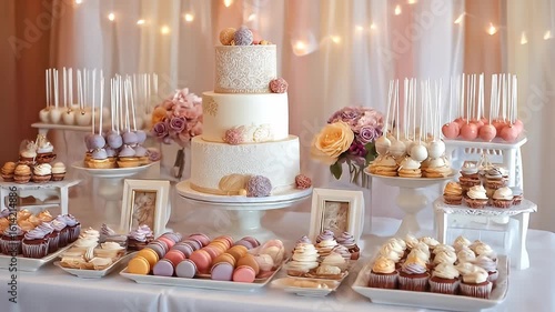 Wallpaper Mural Elegant White Three Tier Wedding Cake with Purple and Pink Flowers on a Dessert Table with an Array of Pastel Macarons Cupcakes and Cake Pops Torontodigital.ca