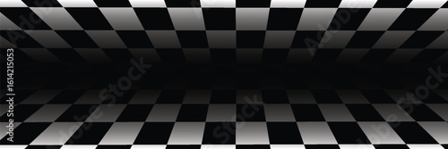Chess perspective floor background. Black and white chessboard perspective floor texture. Checker board pattern surface. Fading away vanishing checkerboard background. Abstract vector illustration.