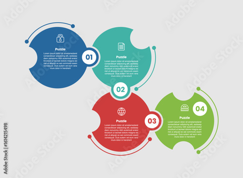 puzzle jigsaw shape base infographic diagram with big circle crop connector up and down with 4 step for slide presentation