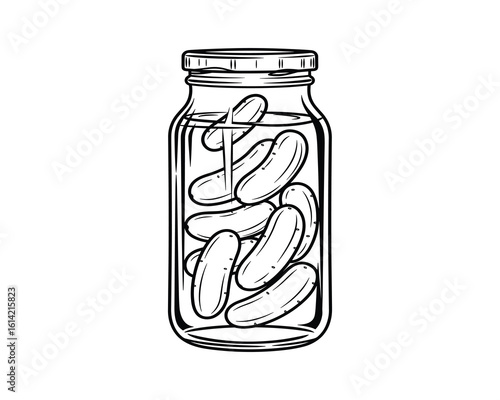 Pickled Cucumbers in Jar with Lid, Traditional Vegetable Food, Contour Style Black Color, Vector Illustration