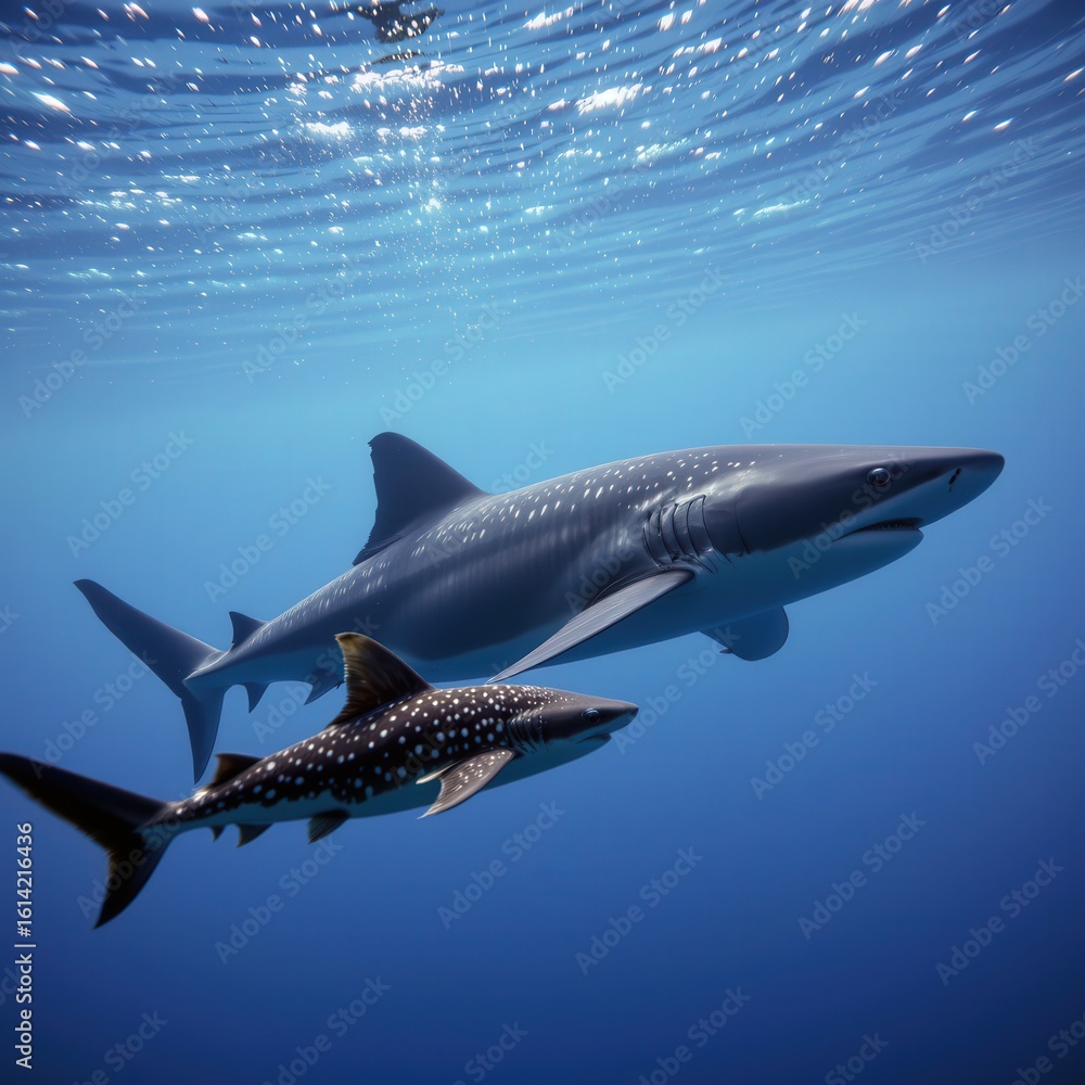 Naklejka premium Close-Up View of a Shark Swimming with a Smaller Shark in Clear Ocean Water