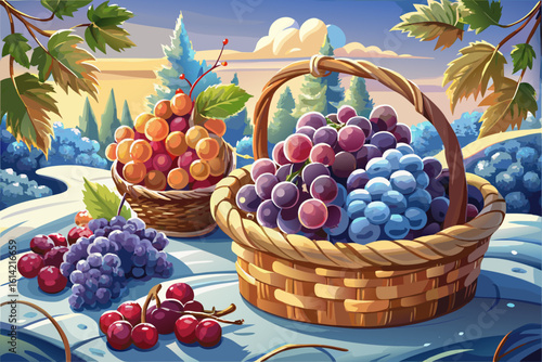 vector of Frozen grapes, frozen berries. winter harvest Frost clings to ripe grapes. Placed in a wicker basket on the table.