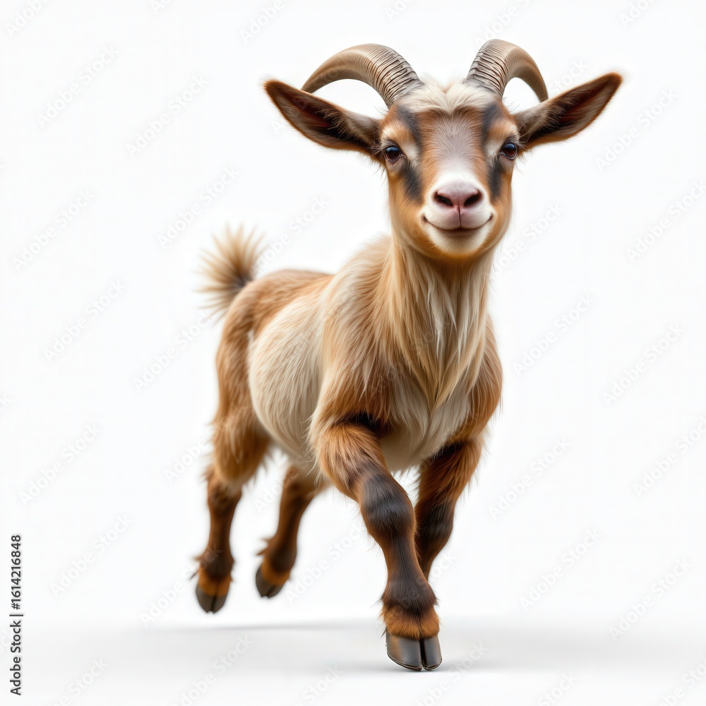 Playful Brown and White Goat Joyfully Running with a Smile Under Clear Blue Sky in a Lush Green Field Playful Brown and White Goat Joyfully Running with a Smile Under Clear Blue Sky in a Lush Green Field